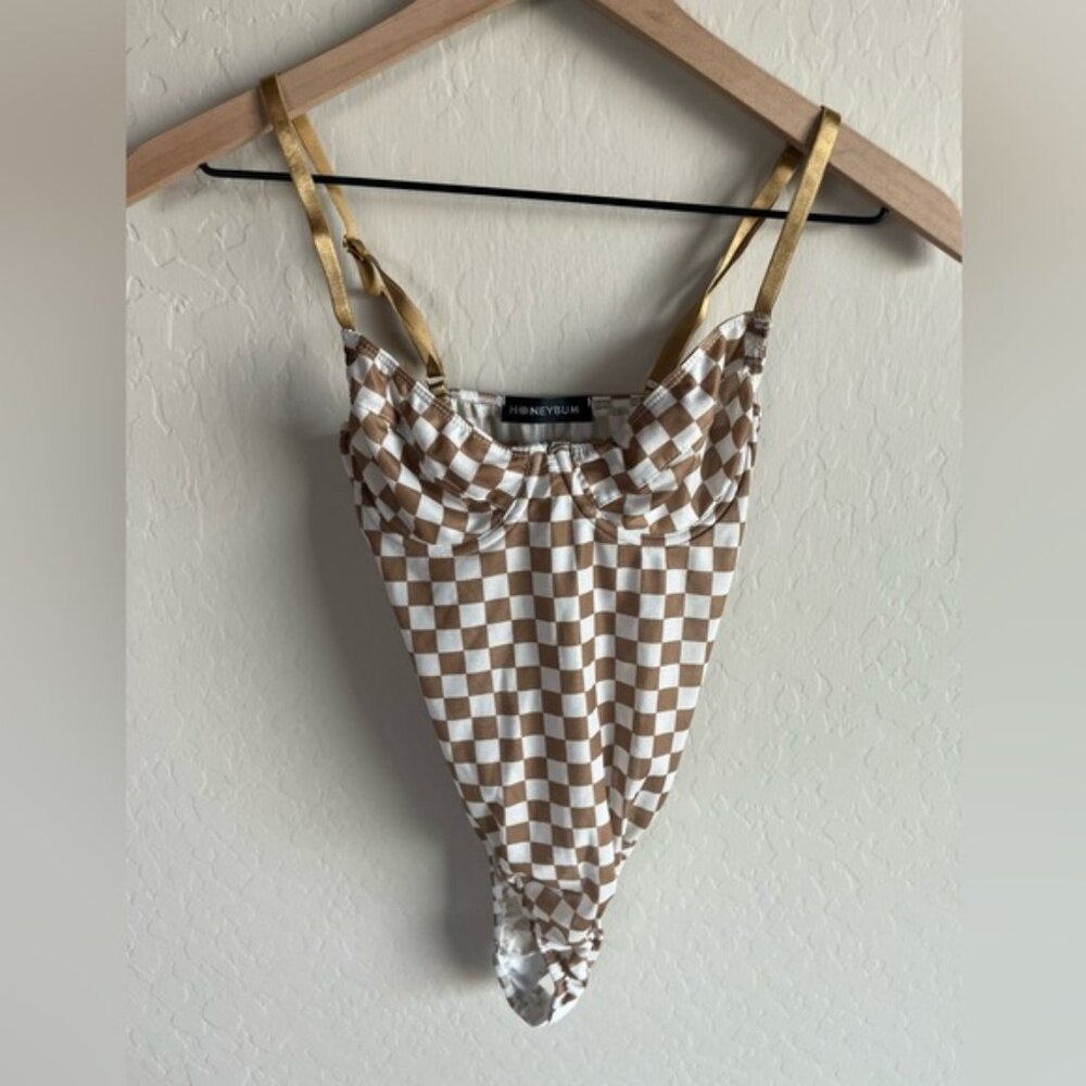 Honeybun Checkered White and Gold Bodysuit